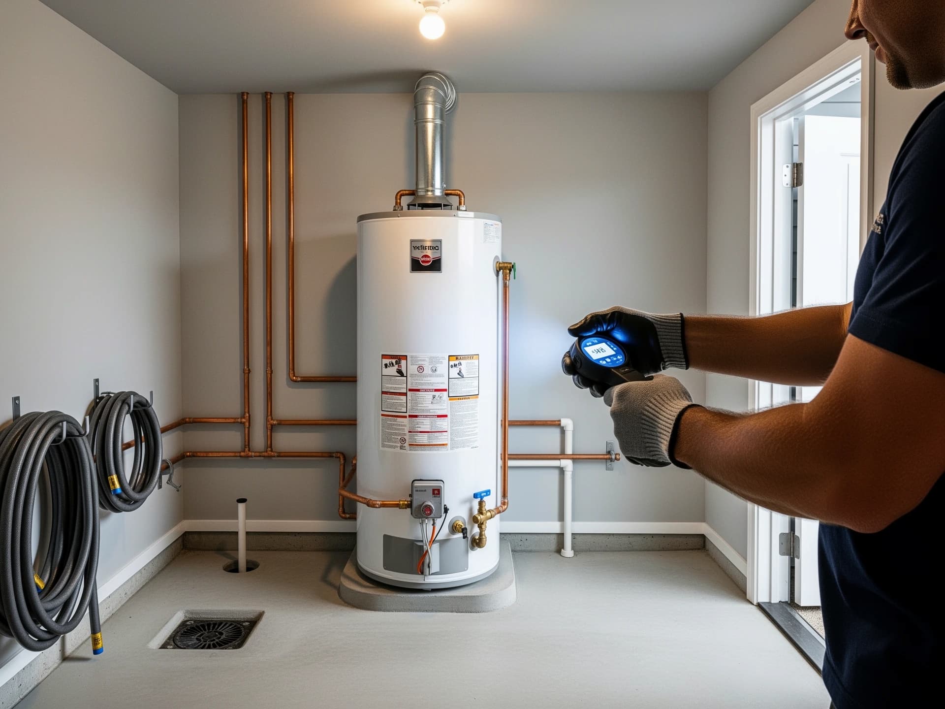 Plumber checking water heater connections in a clean utility area