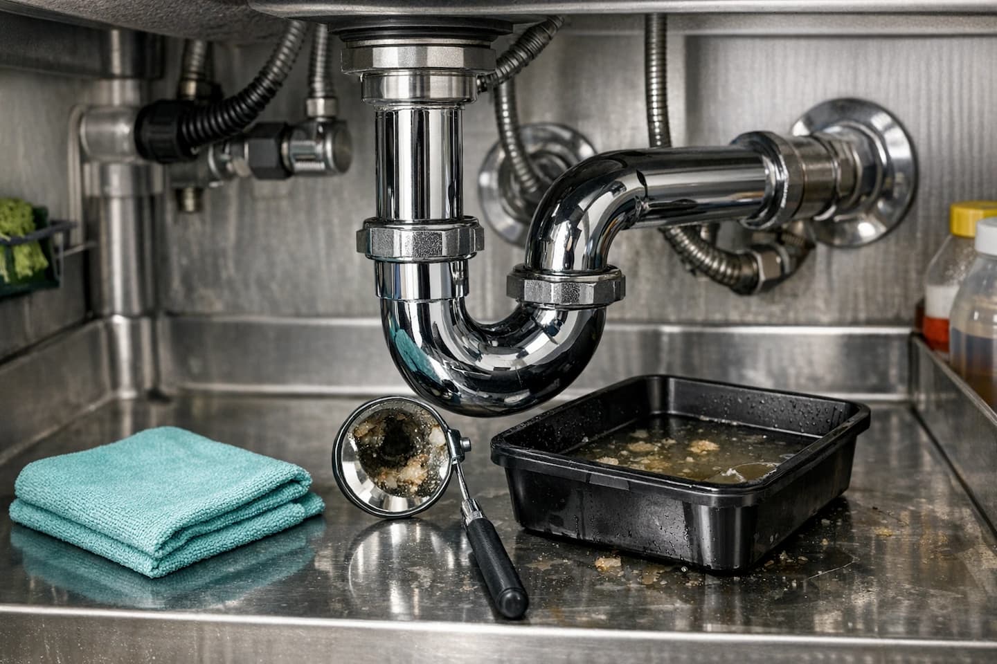 Commercial sink drain inspection in Vista, CA: checking trap alignment and connection integrity.