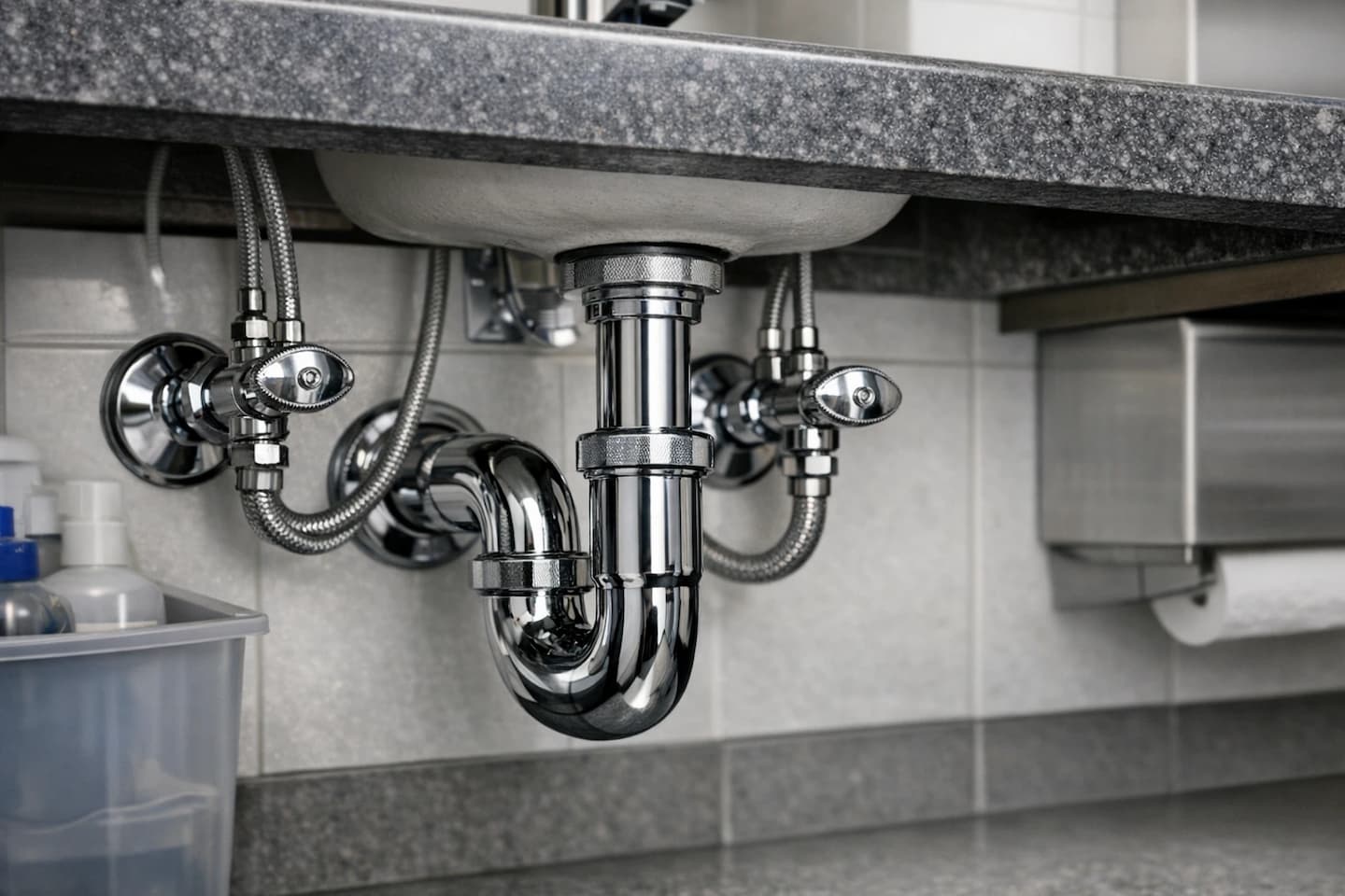 Commercial plumbing inspection in Vista, CA: technician checking shutoff valves, supply lines, and fixture connections.