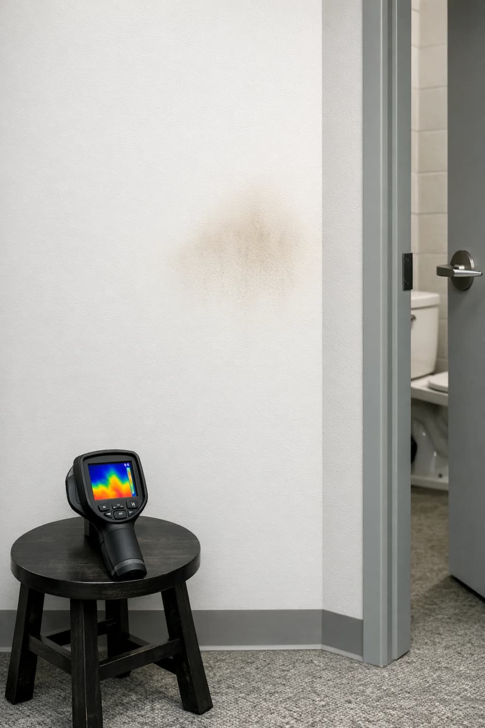 Commercial plumbing assessment in Vista, CA: technician using a meter to verify moisture and identify affected areas.