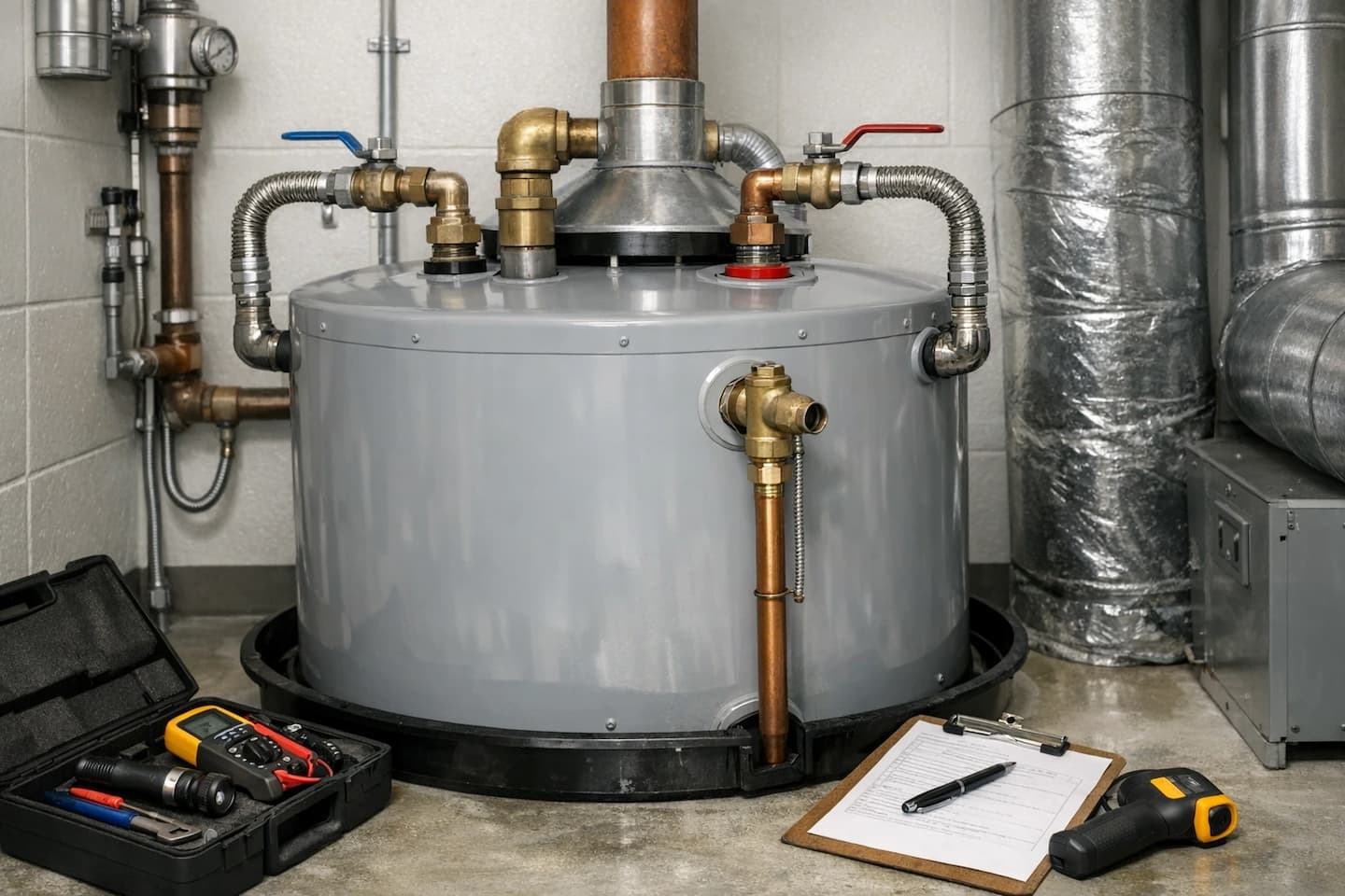 Commercial water heater inspection in Vista, CA: checking hot and cold connections, valves, and fittings.