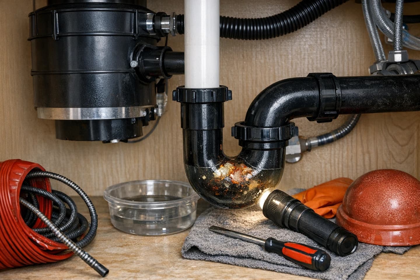 Drain cleaning in Vista, CA: under-sink P-trap and drain connections inspected before clearing a clog.