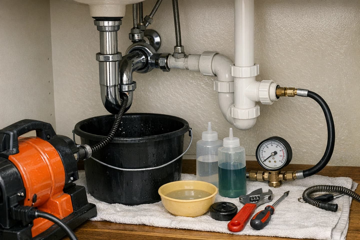 Drain cleaning under a bathroom sink: vanity trap and drain connection inspection in Vista, CA.