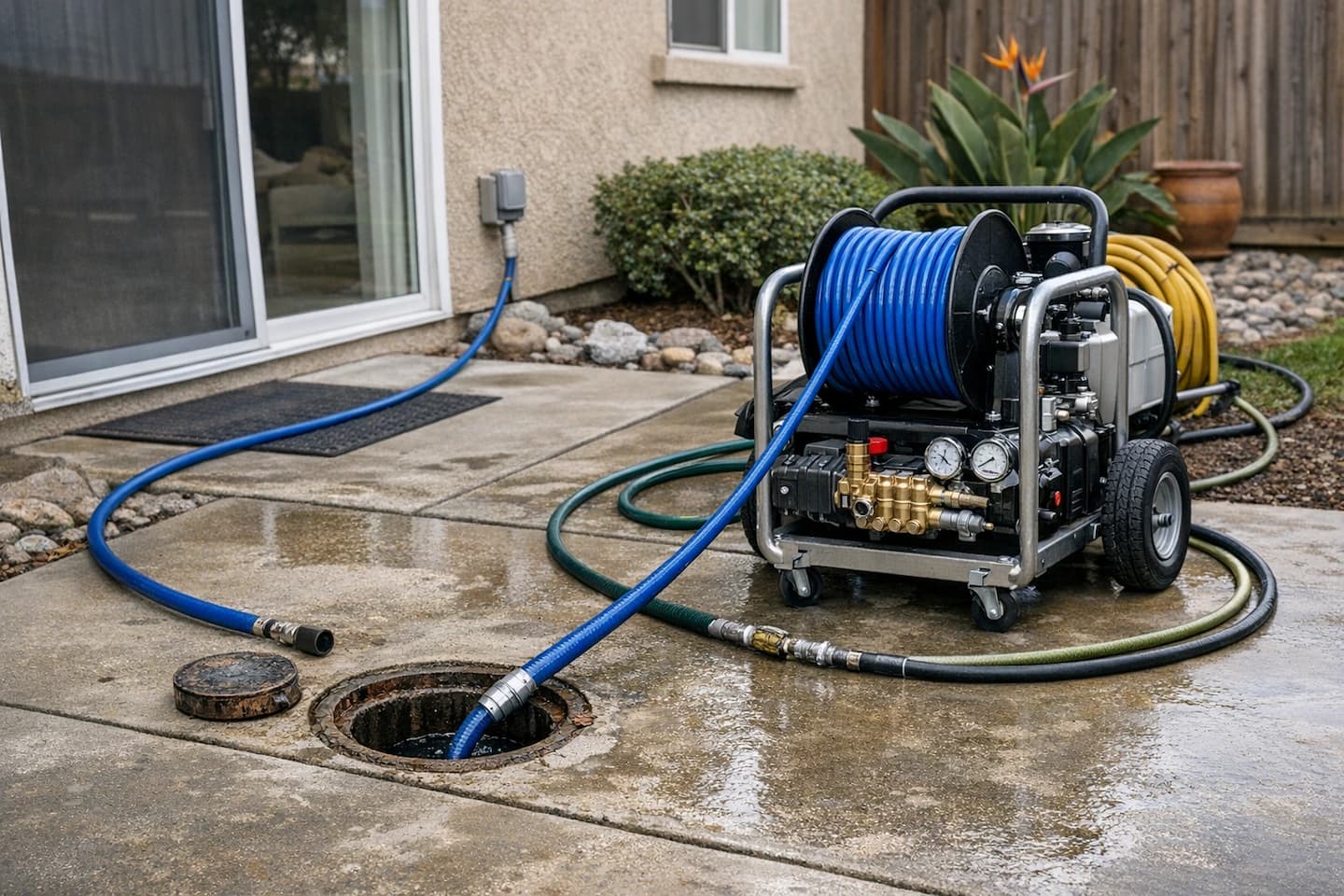 Hydro jetting preparation for a drain line in Vista, CA: professional plumbing service focused on restoring full flow.
