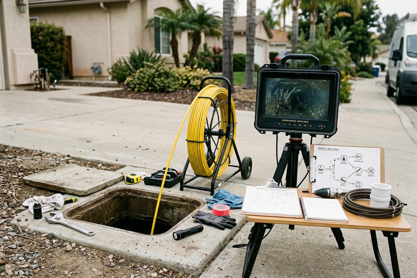Drain and sewer line evaluation before hydro jetting in Vista, CA: planning access and cleaning approach.