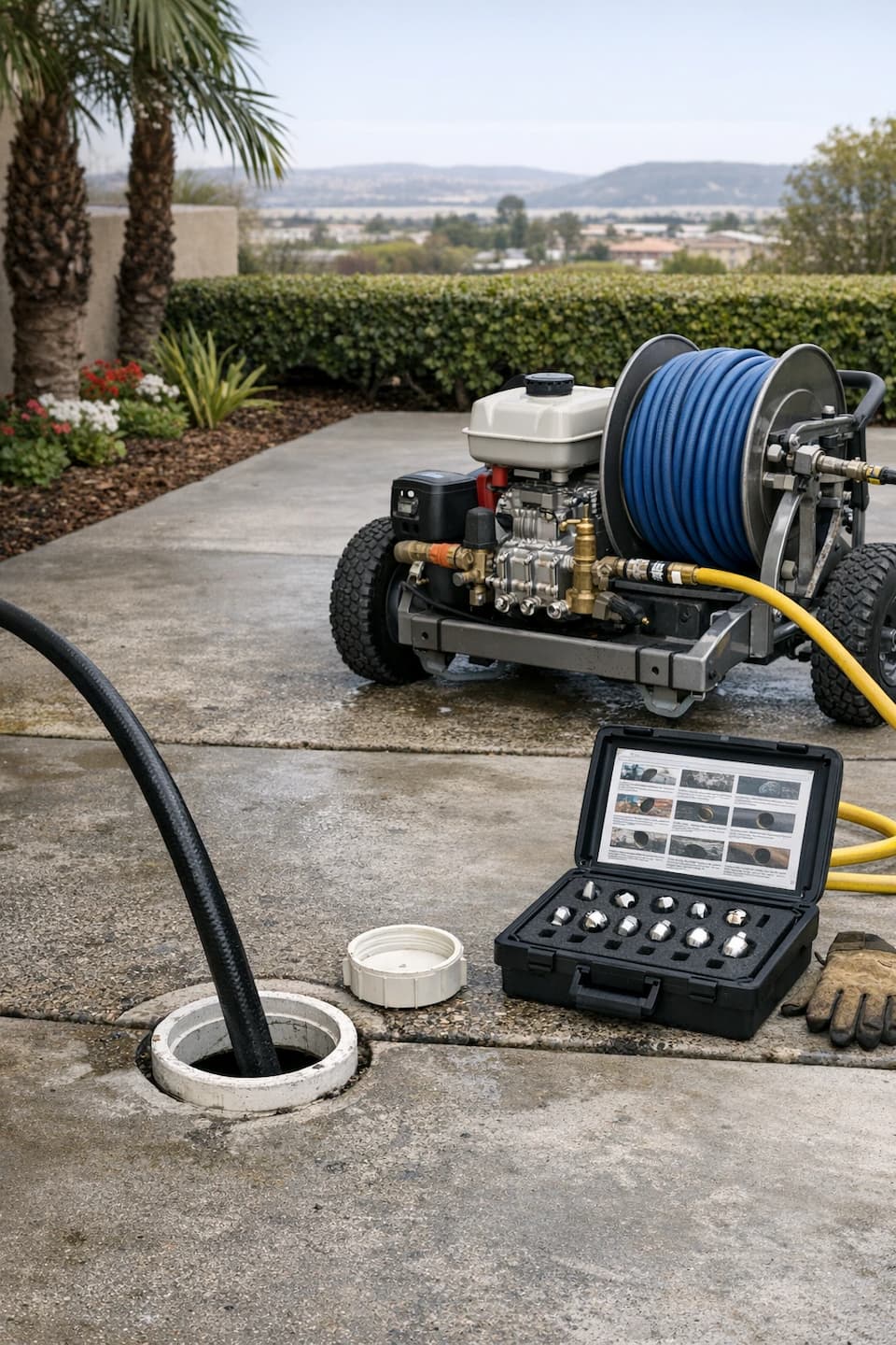Hydro jetting service process in Vista, CA: professional drain and sewer line cleaning with verification.