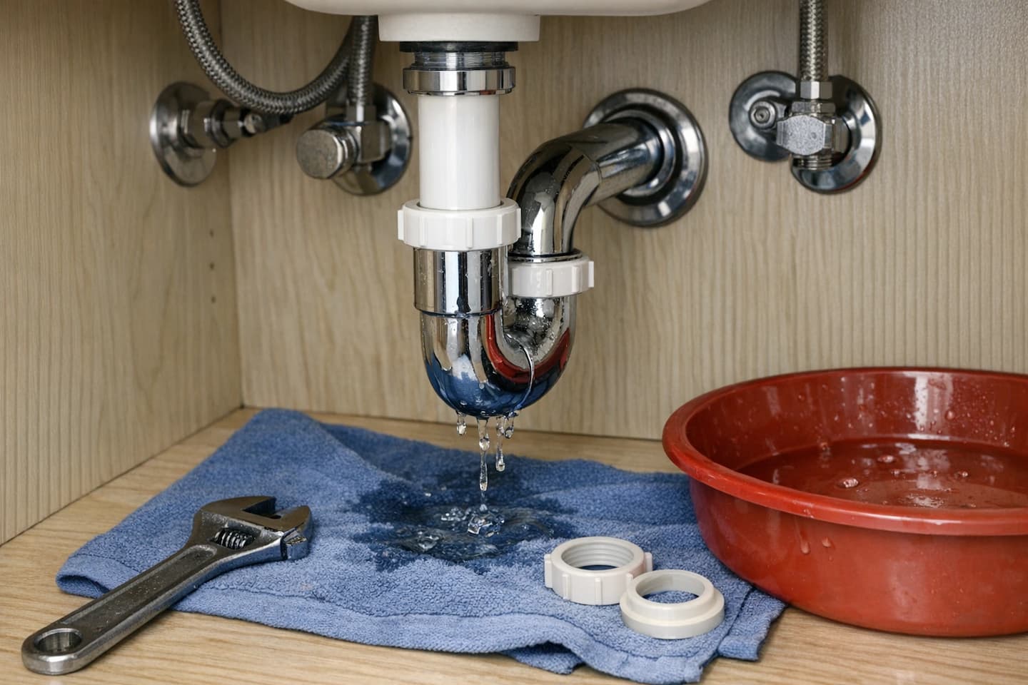 Drain leak repair under a bathroom sink: vanity trap and connection inspection.