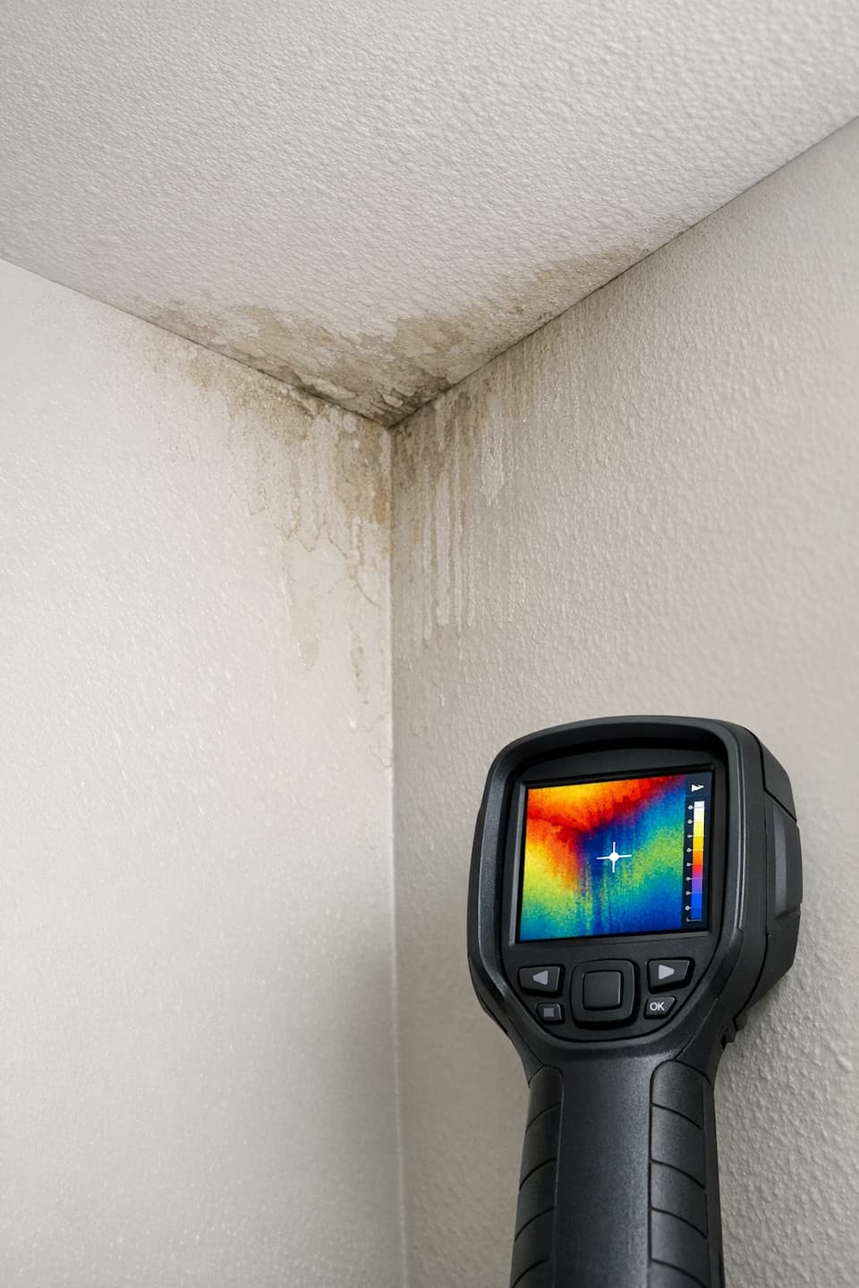Hidden leak detection using a moisture meter to map affected areas and verify leak source.
