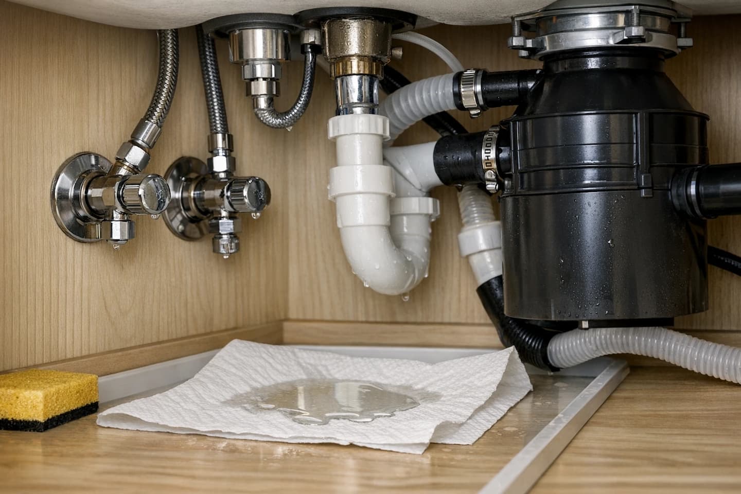 Under-sink leak detection in Vista, CA: plumber inspecting shutoff valves, supply lines, and connections.