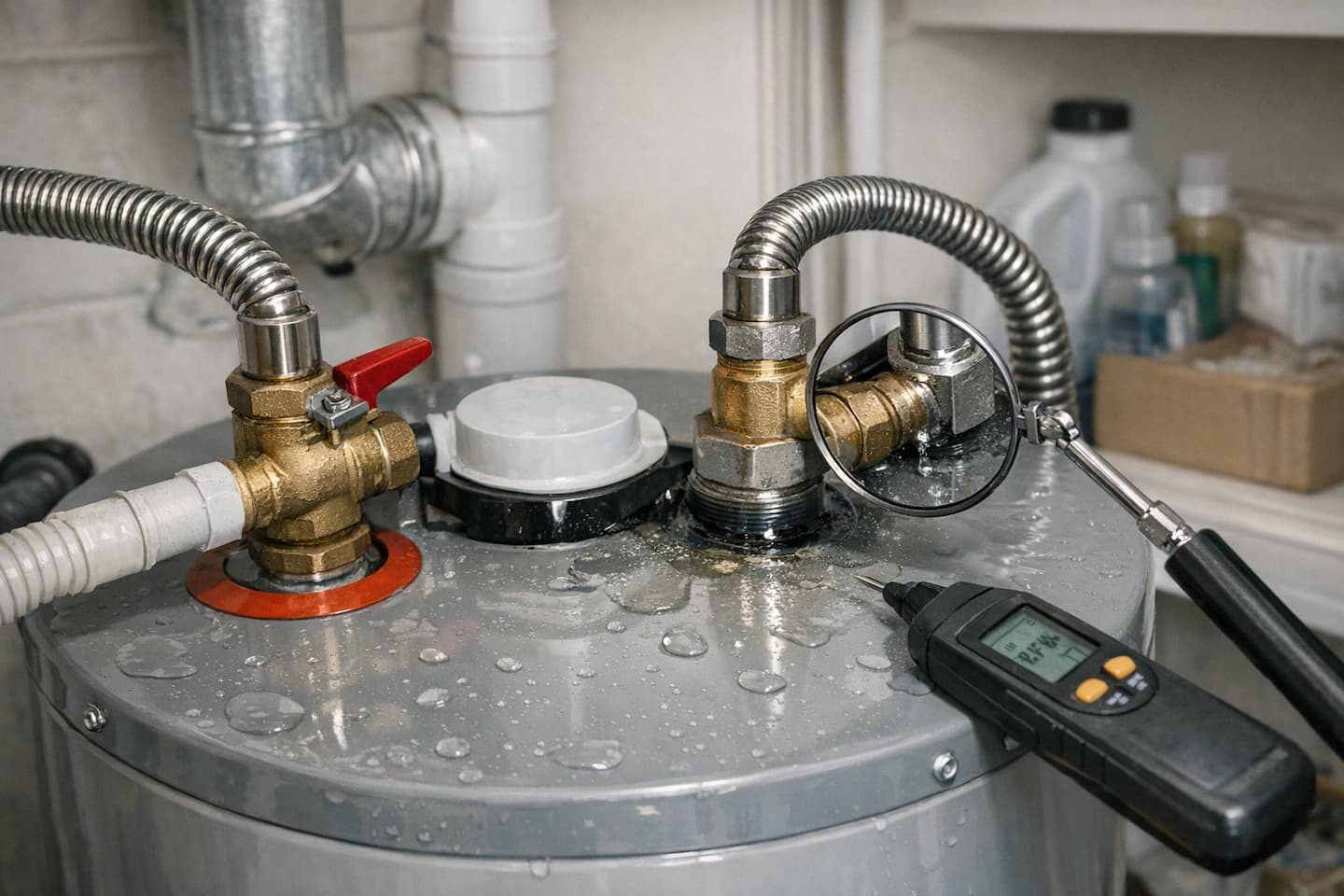 Water heater leak inspection: checking hot and cold connections, valves, and fittings for seepage.