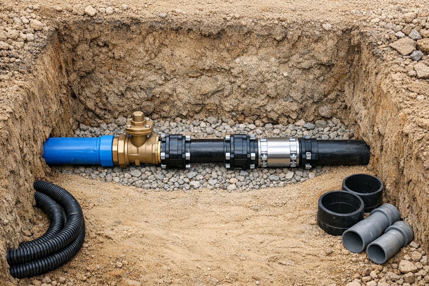 Plumbing repair work in Vista, CA: technician inspecting connections and fittings as part of a main water line service visit.