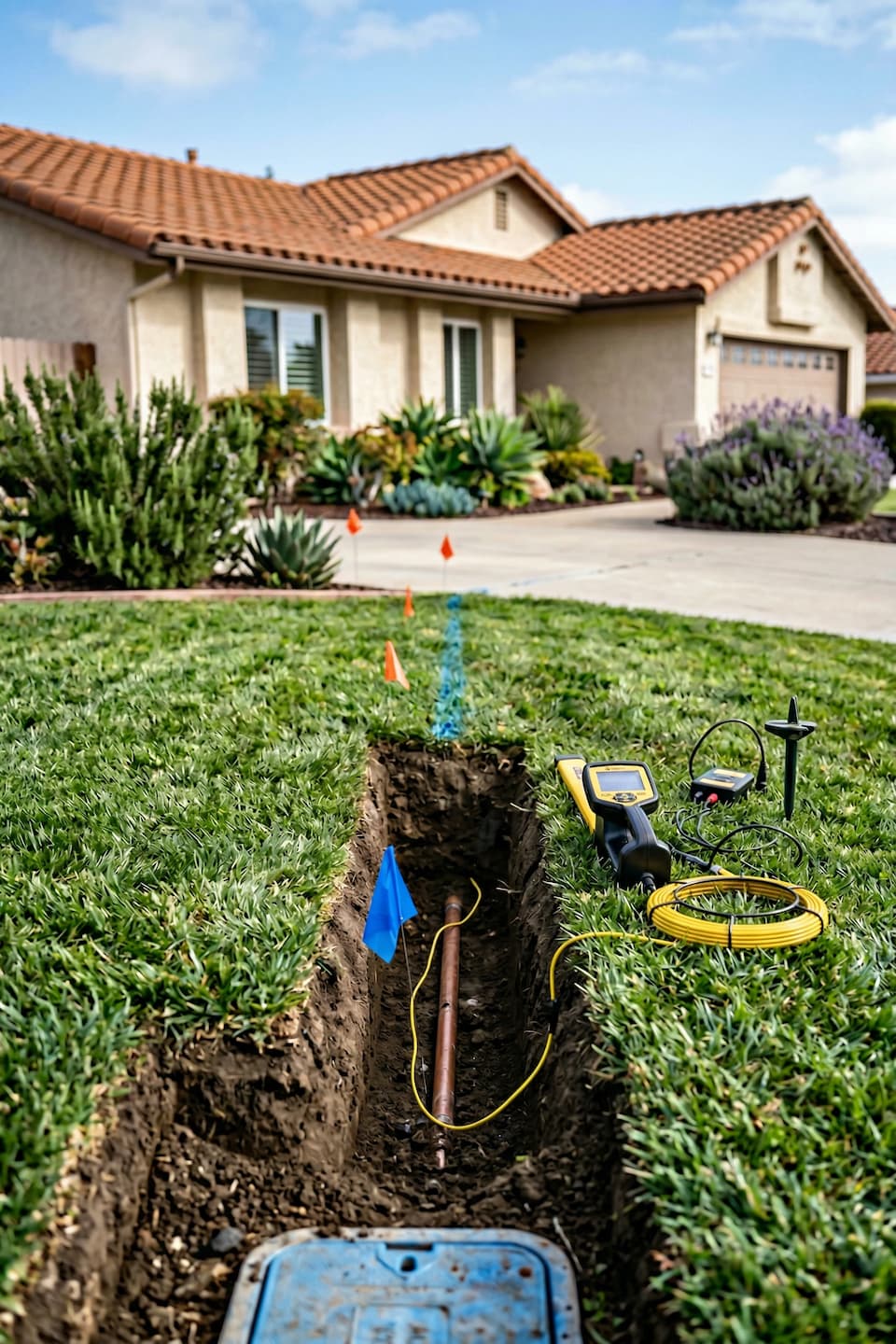 Main water line diagnostics in Vista, CA: technician verifying the water supply path and affected area before repair.