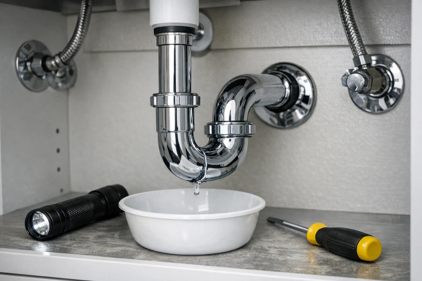 Drain pipe repair under a bathroom sink: vanity trap and connection inspection.