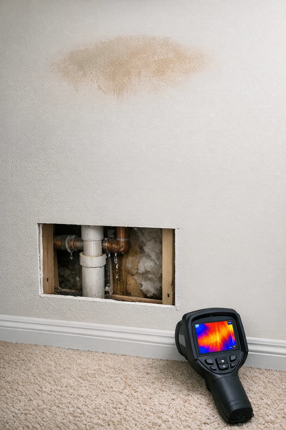 Pipe issue verification using moisture mapping to narrow the affected area before repair.