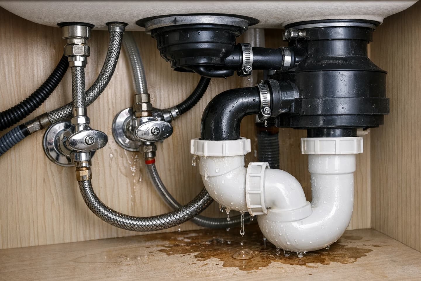 Under-sink pipe repair in Vista, CA: inspecting shutoff valves, supply lines, and drain connections.
