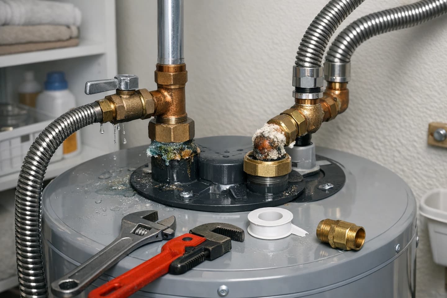 Water heater piping inspection: checking hot and cold lines, shutoff valve, and fittings for seepage.