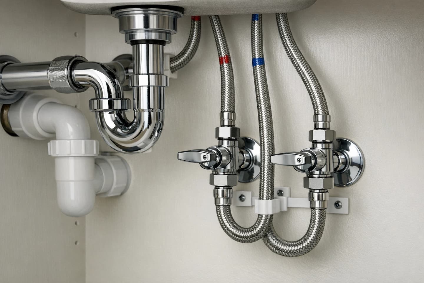 Repiping in Vista, CA: supply line upgrades and clean fixture tie-ins under a sink.