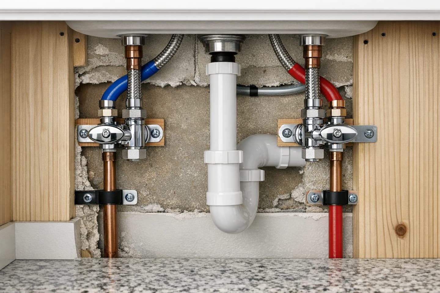 Repiping in Vista, CA: clean fixture tie-in work with new shutoff valves and secure supply connections.