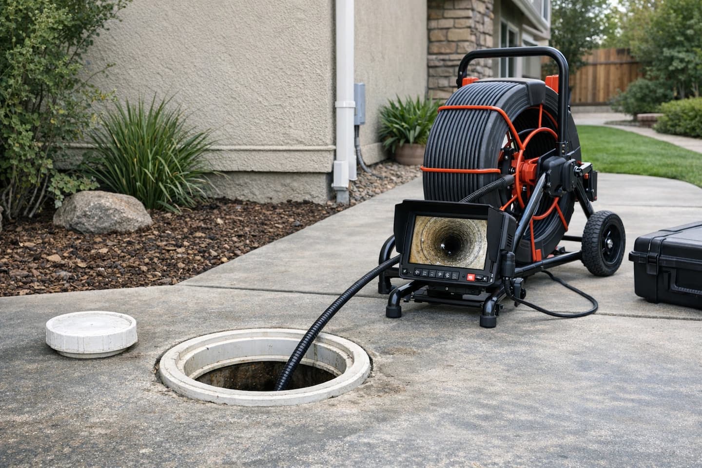 Sewer line camera inspection in Vista, CA: diagnosing the main sewer lateral through a cleanout.