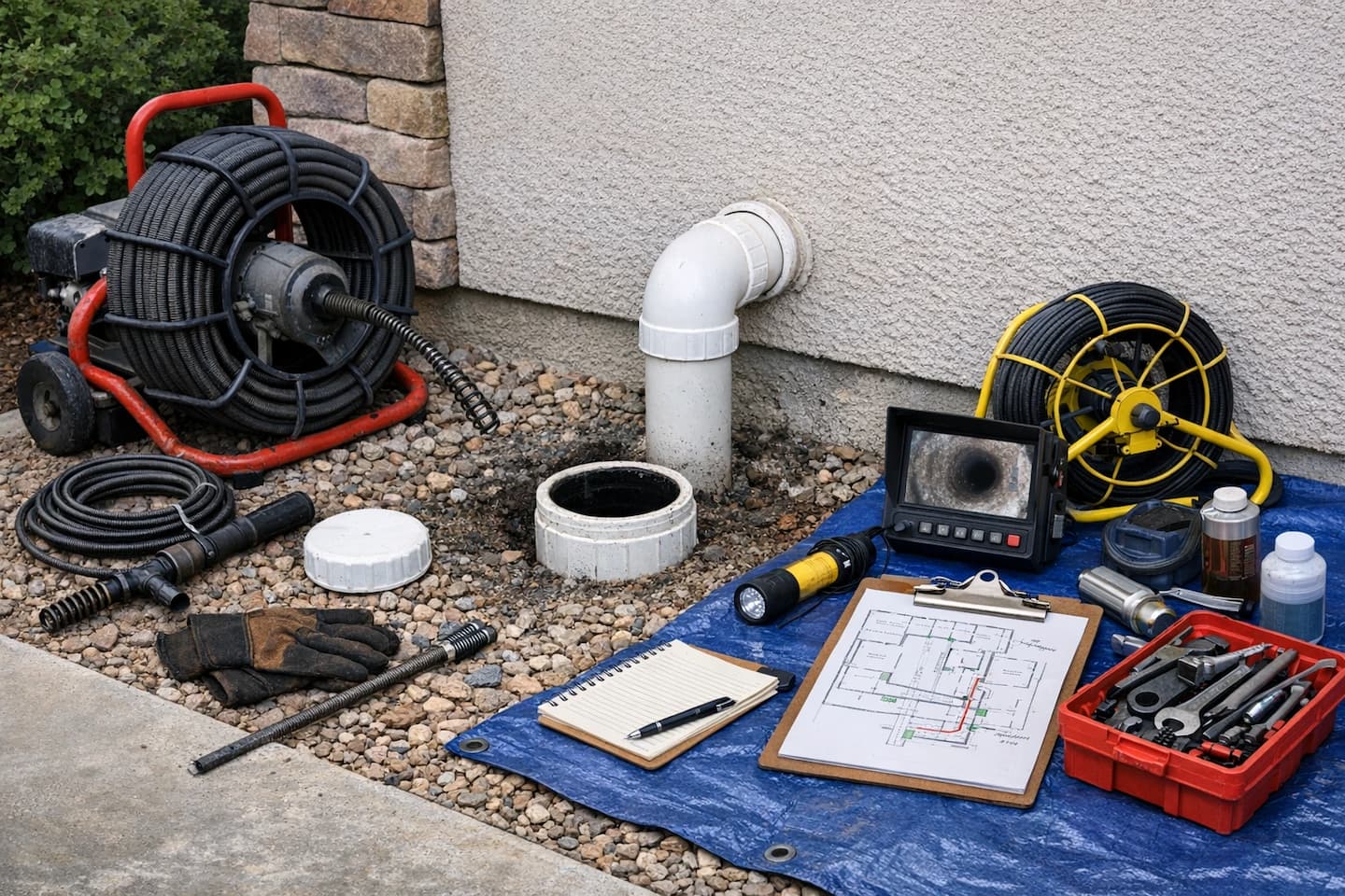 Sewer cleanout access and main line service in Vista, CA: preparing for camera inspection and clearing.