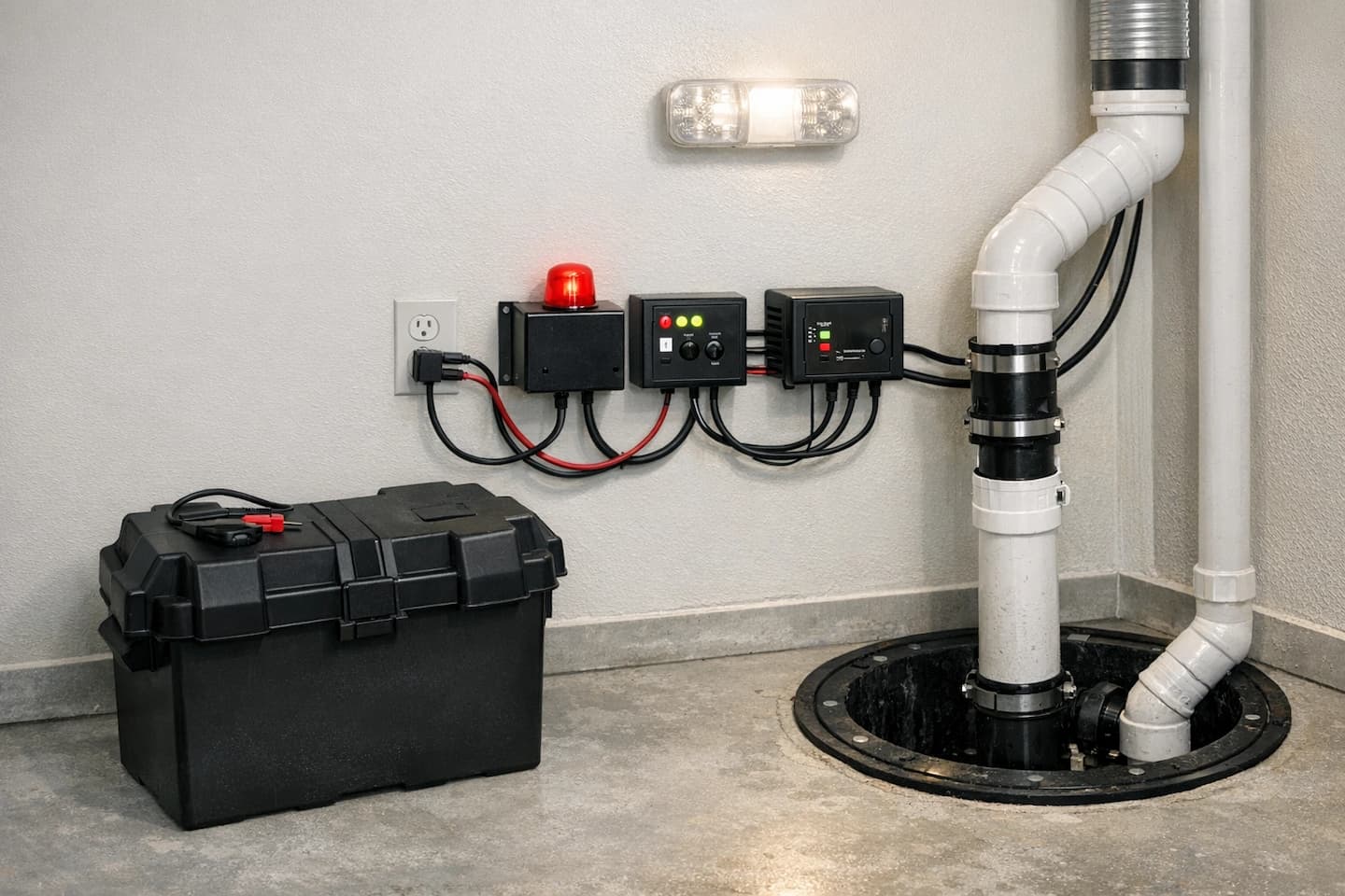 Backup sump pump inspection in Vista, CA: checking battery backup system, charger, alarm, and power connections.