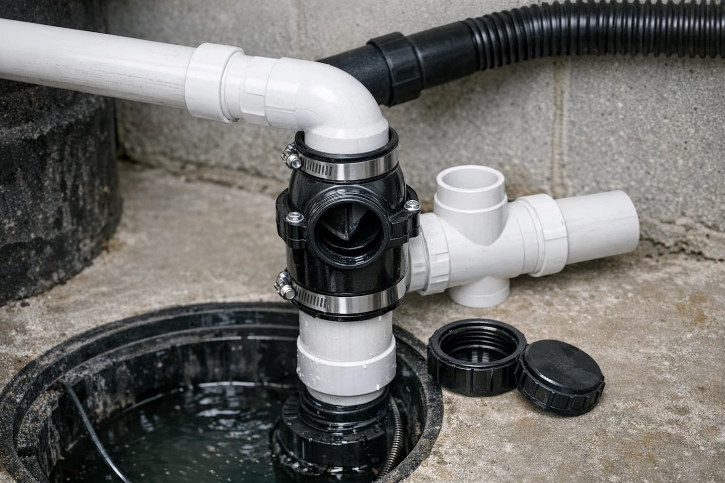 Sump pump repair in Vista, CA: inspecting check valve and discharge piping connections for backflow and leaks.