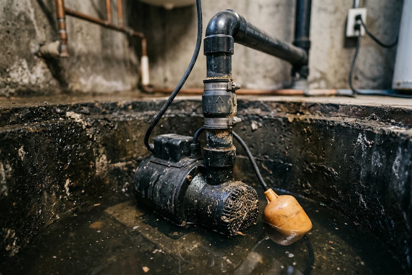 Sump pump inspection in Vista, CA: technician checking float switch operation, pump intake, and discharge line.