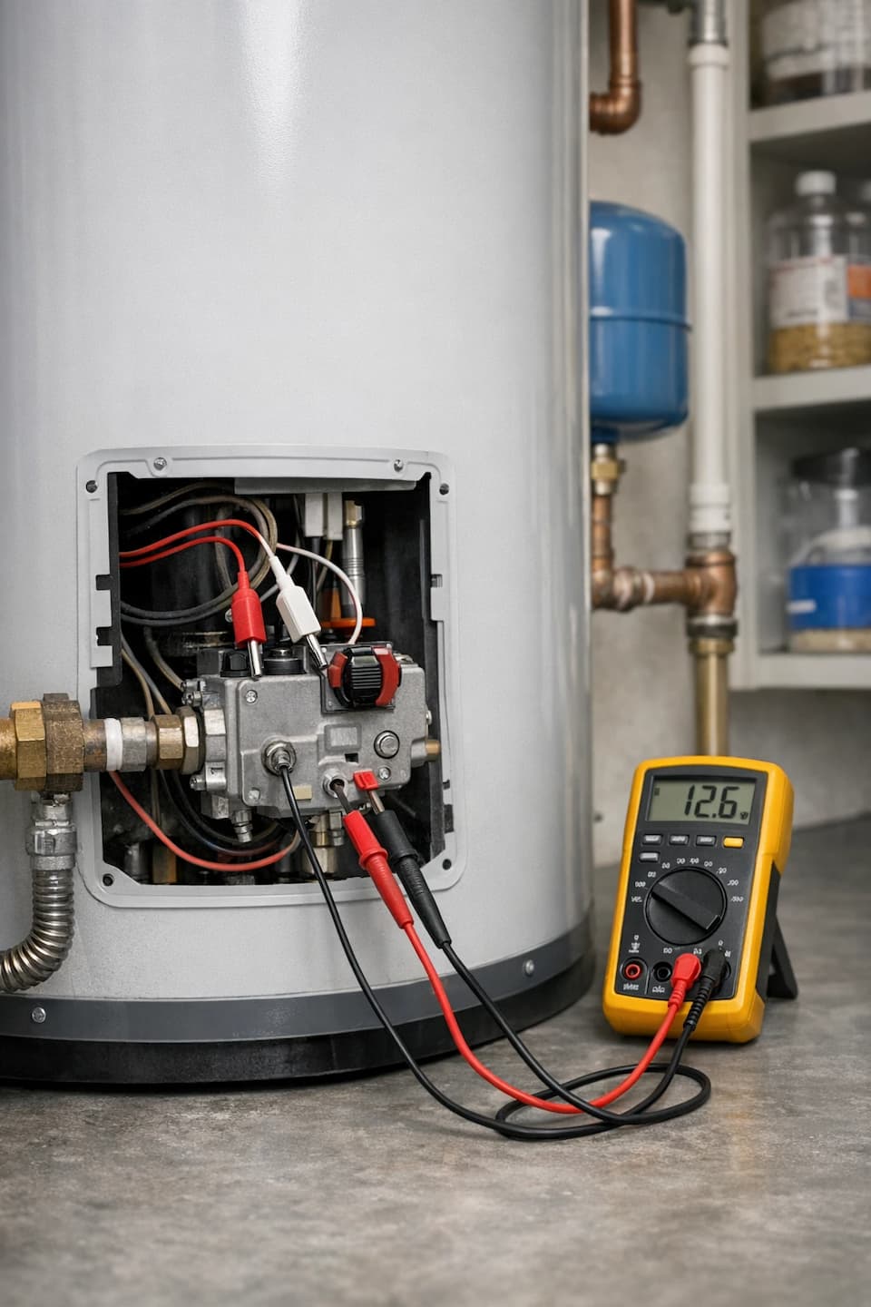 Water heater repair inspection in Vista, CA: technician checking components and verifying operation.