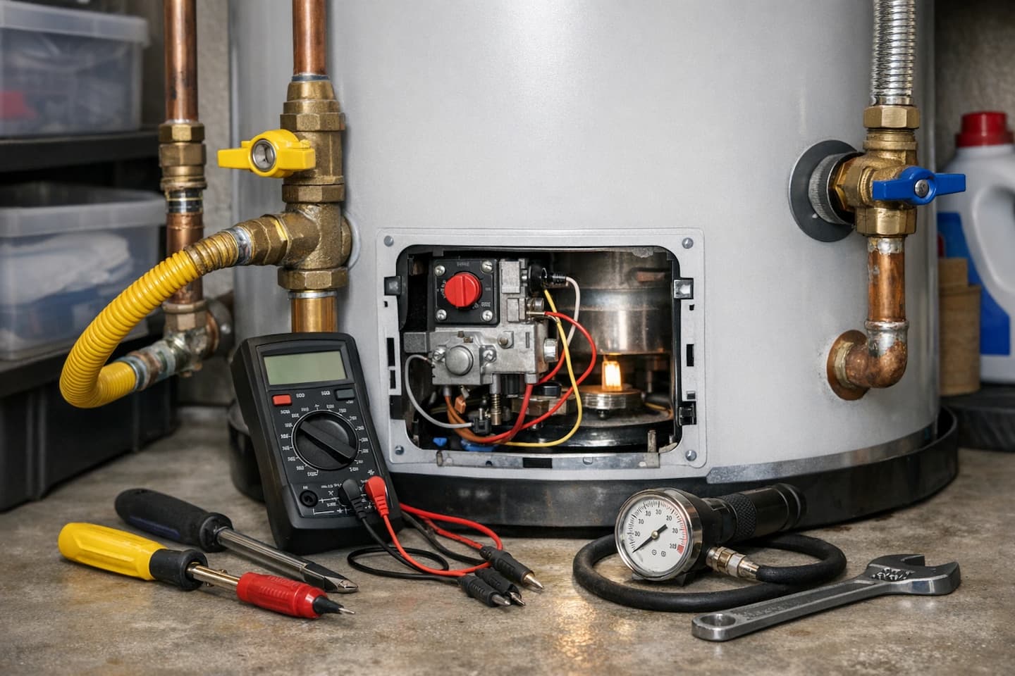 Water heater technician performing a diagnostics-first inspection in Vista, CA.