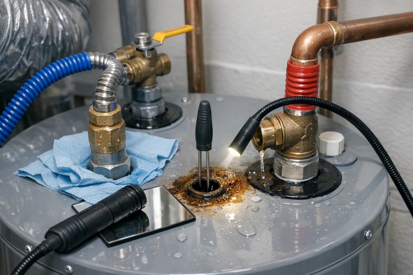 Water heater leak inspection in Vista, CA: checking hot and cold connections, valves, and fittings.