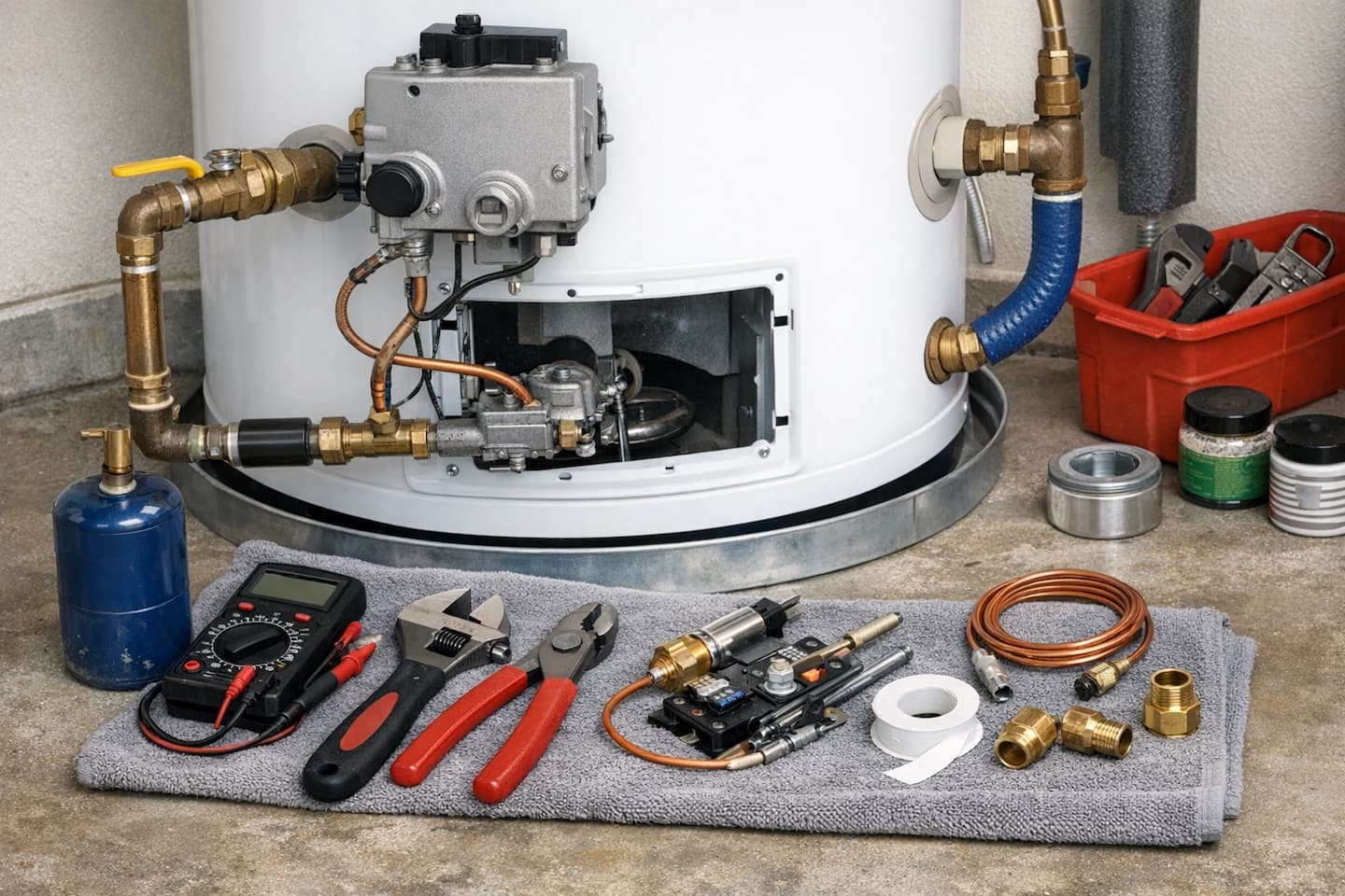 Water heater repair visit in Vista, CA: technician inspecting connections and components.