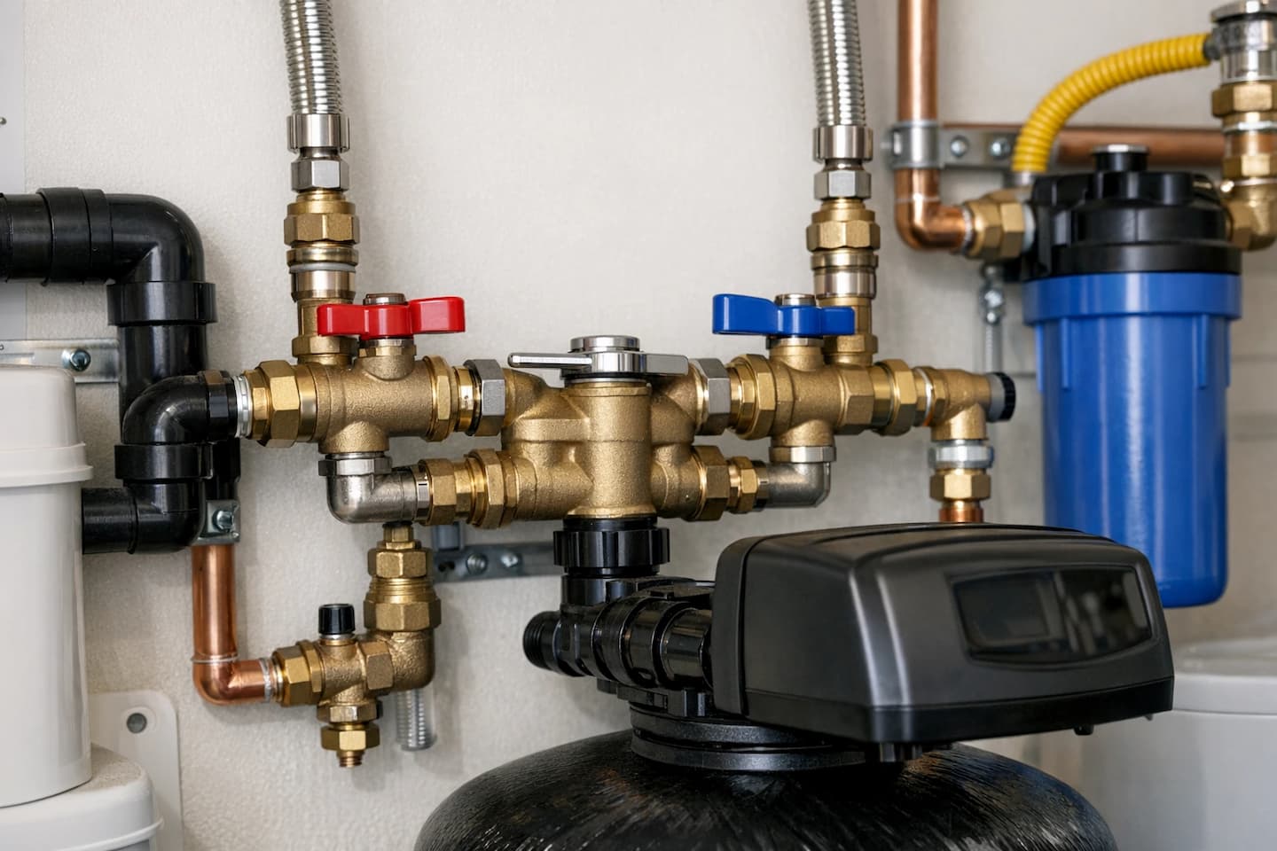 Water treatment plumbing installation in Vista, CA: clean connections, serviceable valves, and organized utility-area piping.