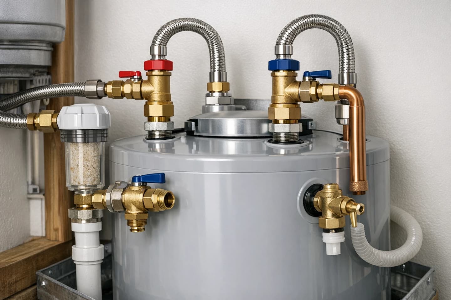 Plumbing inspection near water heater in Vista, CA: evaluating connections and scale protection needs.