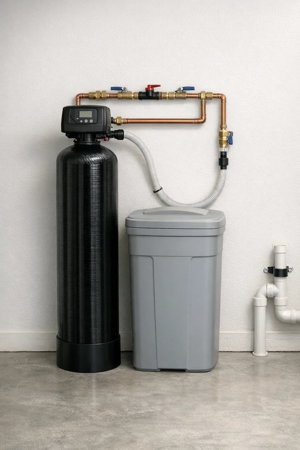 Utility area plumbing work in Vista, CA: planning placement for a whole-house water softener and routing connections.
