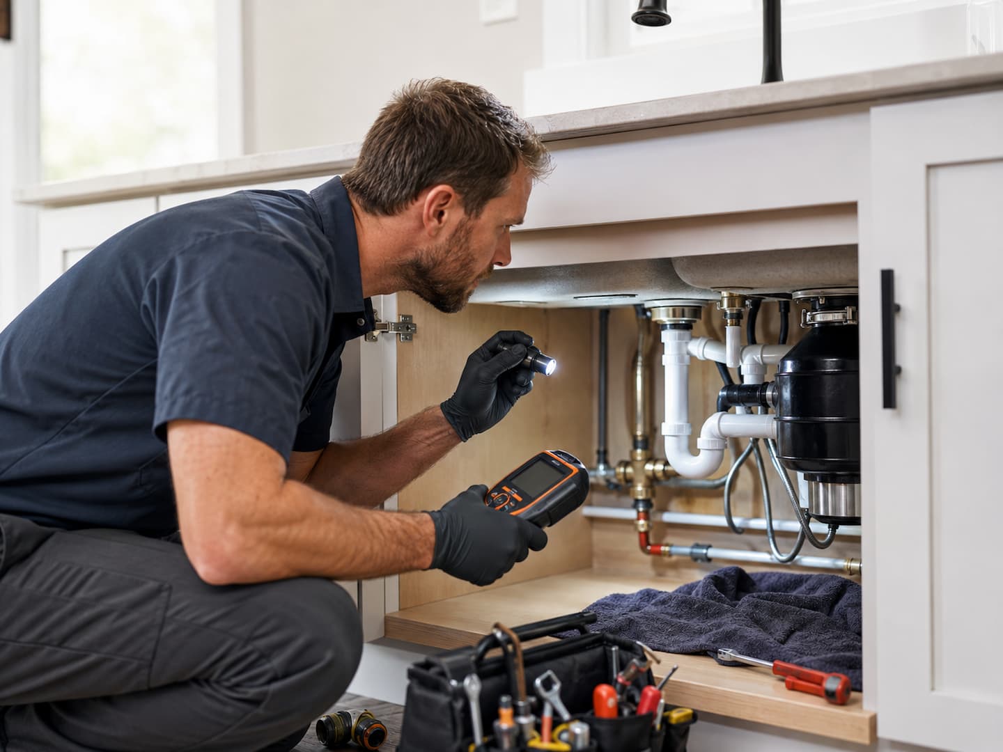 Plumber completing urgent plumbing repair inside a home