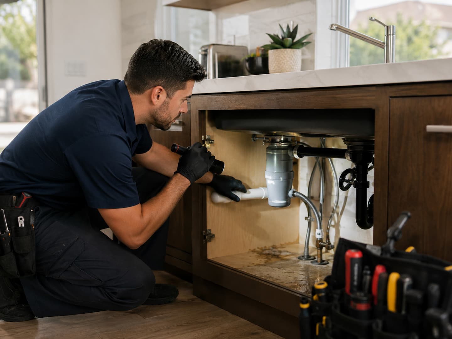 Plumber responding to an urgent home plumbing issue