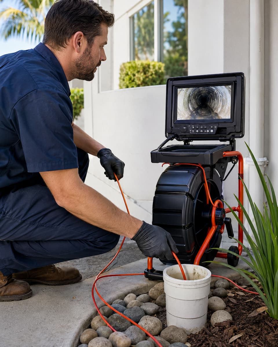 Technician preparing drain camera inspection equipment