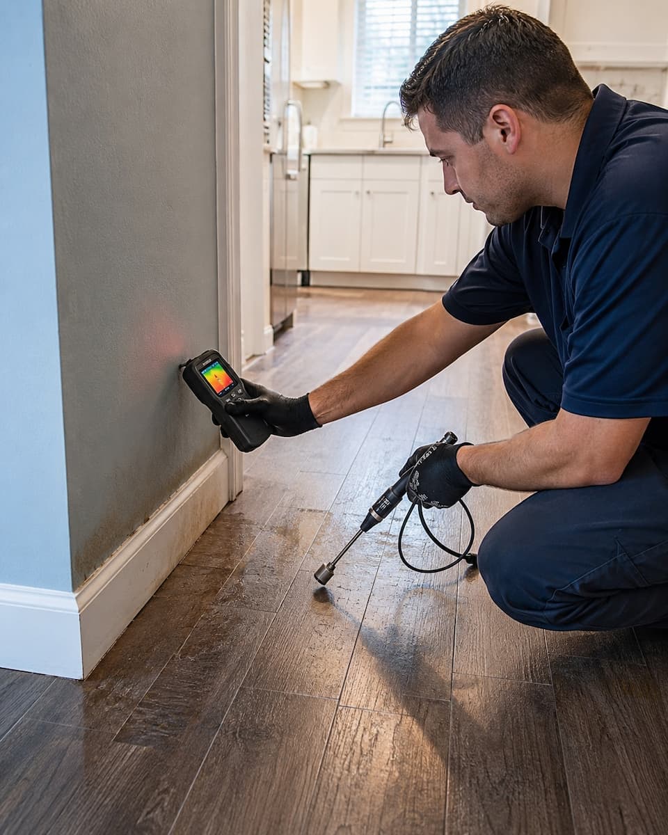 Plumber checking signs of a hidden slab leak inside a home