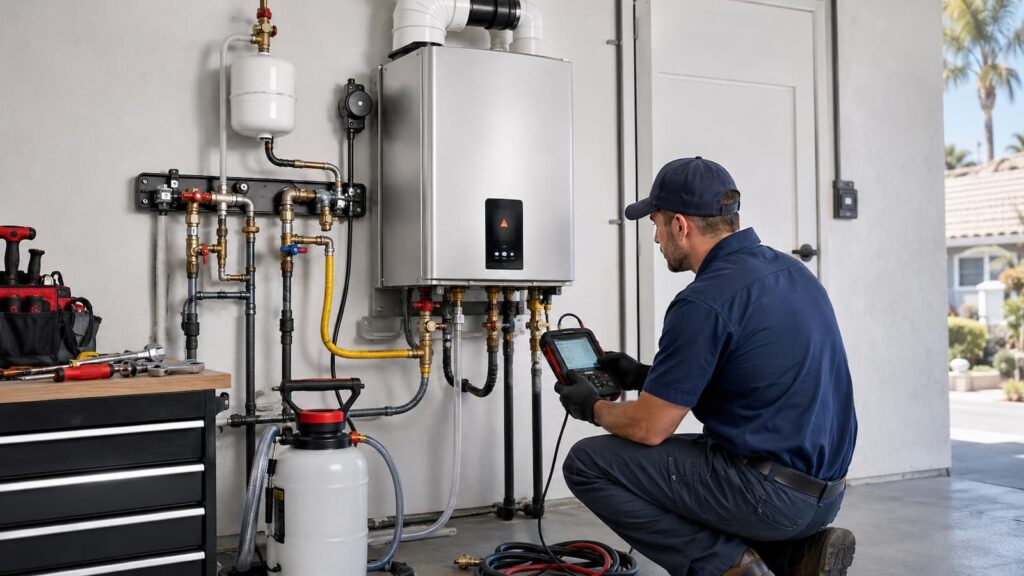 Plumber diagnosing tankless water heater problems