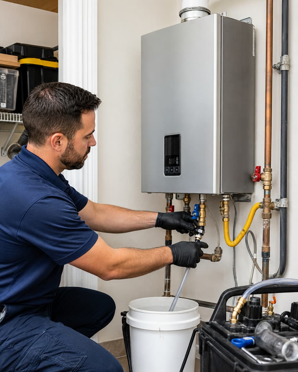 Tankless water heater service and maintenance inside a home