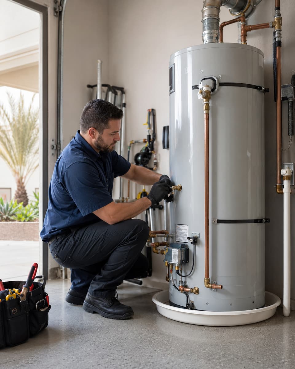 Water heater installation work inside a residential utility area
