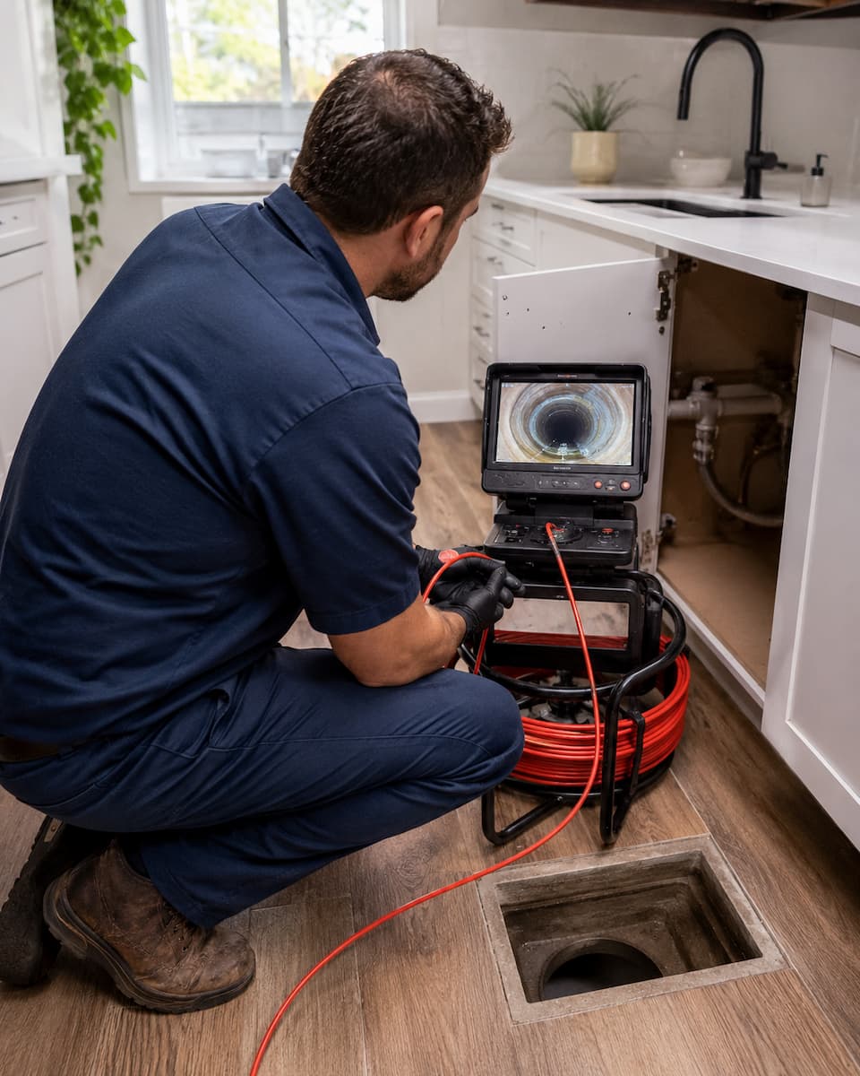 Plumber preparing a sewer camera inspection for a residential drain line