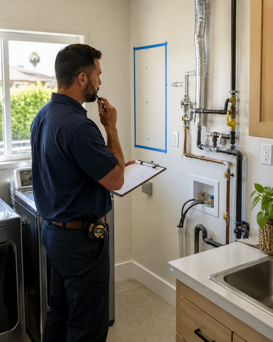 Plumber reviewing tankless water heater installation requirements