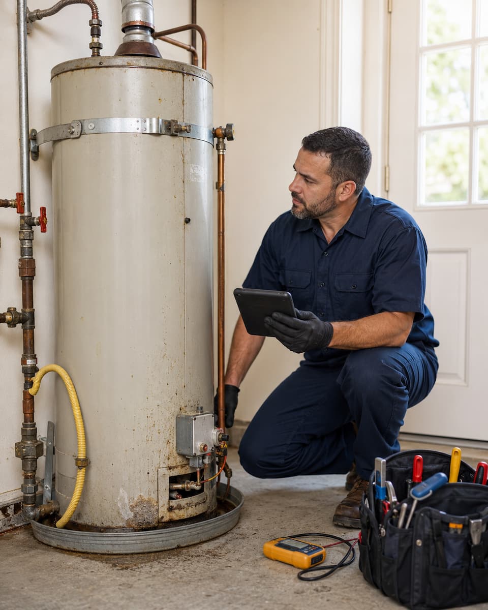 Plumber evaluating water heater replacement options in a home