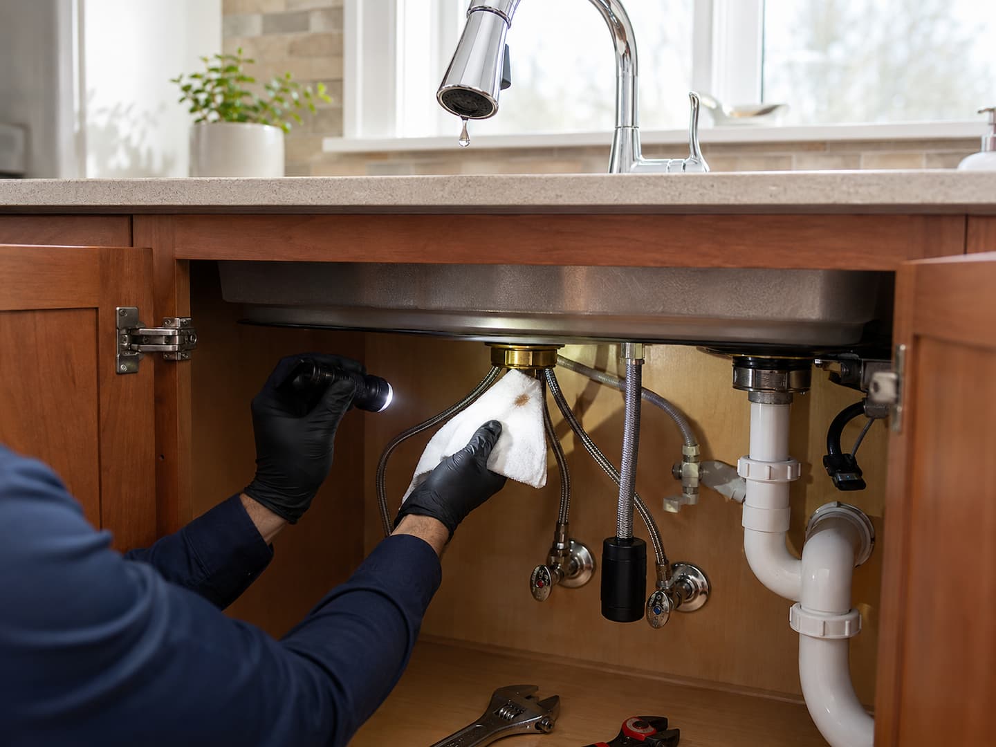 Plumber inspecting faucet supply lines, shutoff valves, and under-sink water connections