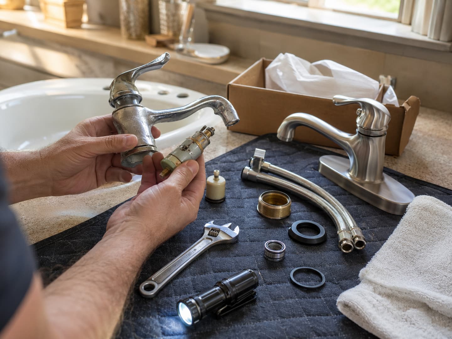 Plumber evaluating whether a residential faucet should be repaired or replaced