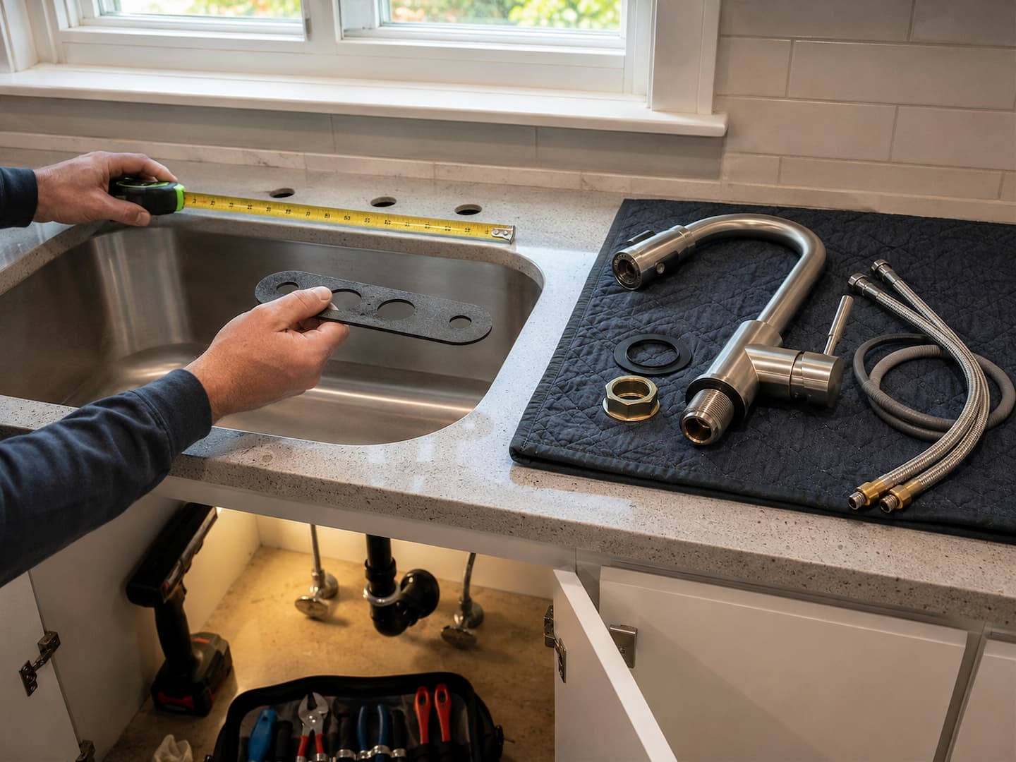 Professional faucet replacement with under-sink mounting and water connection inspection