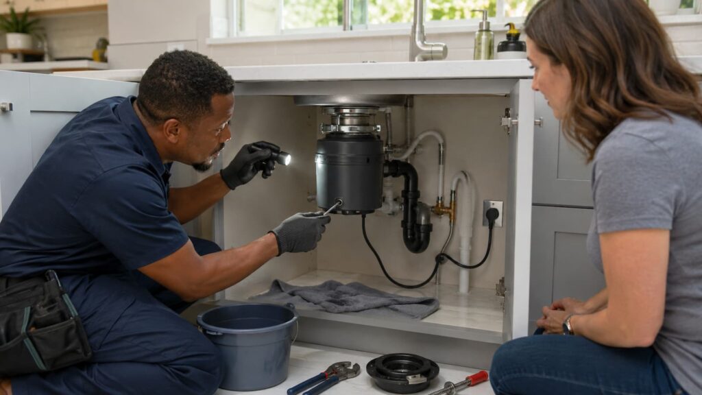 Plumber diagnosing a garbage disposal humming but not spinning