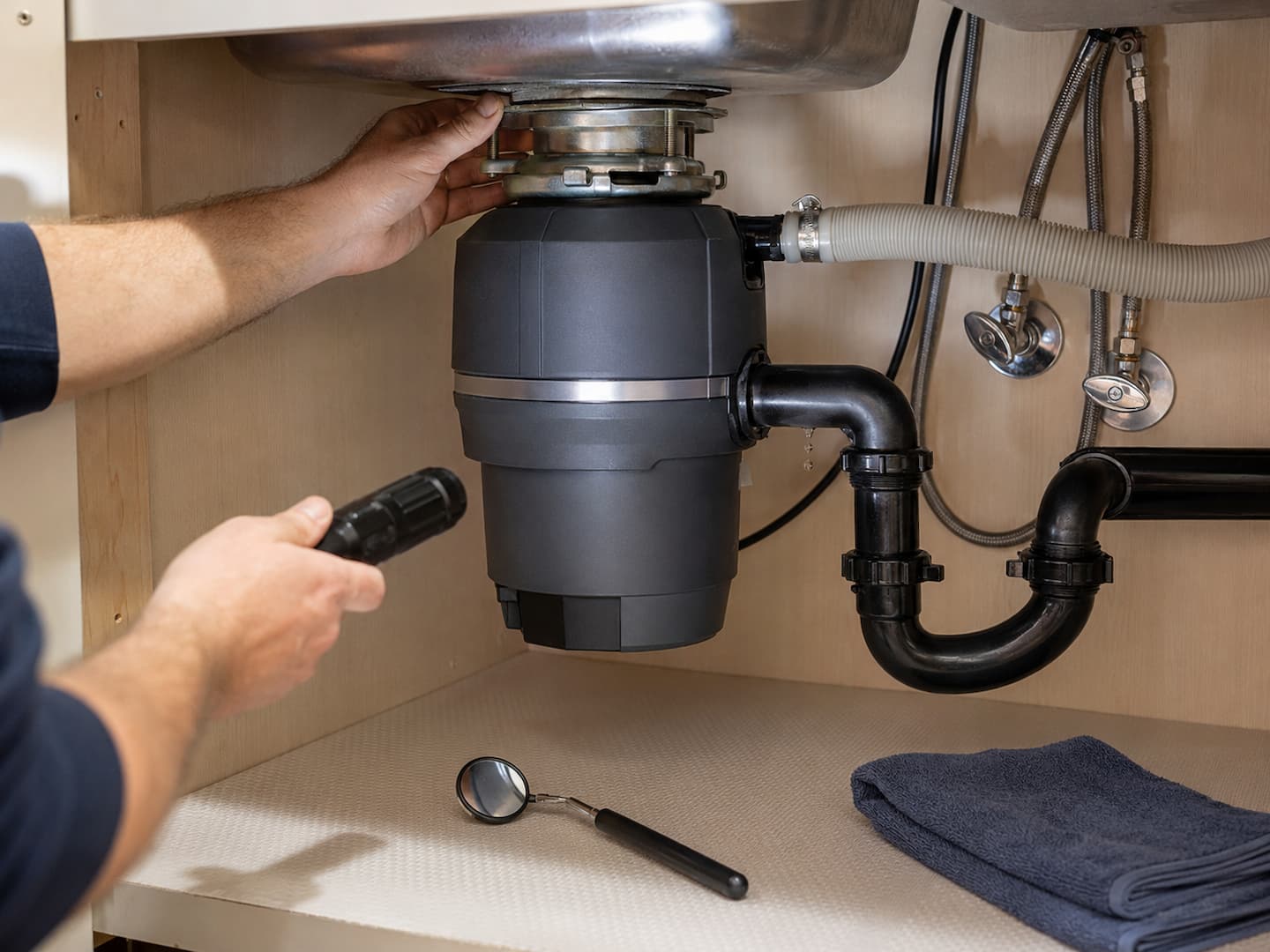 Residential plumber inspecting under-sink garbage disposal and drain connections