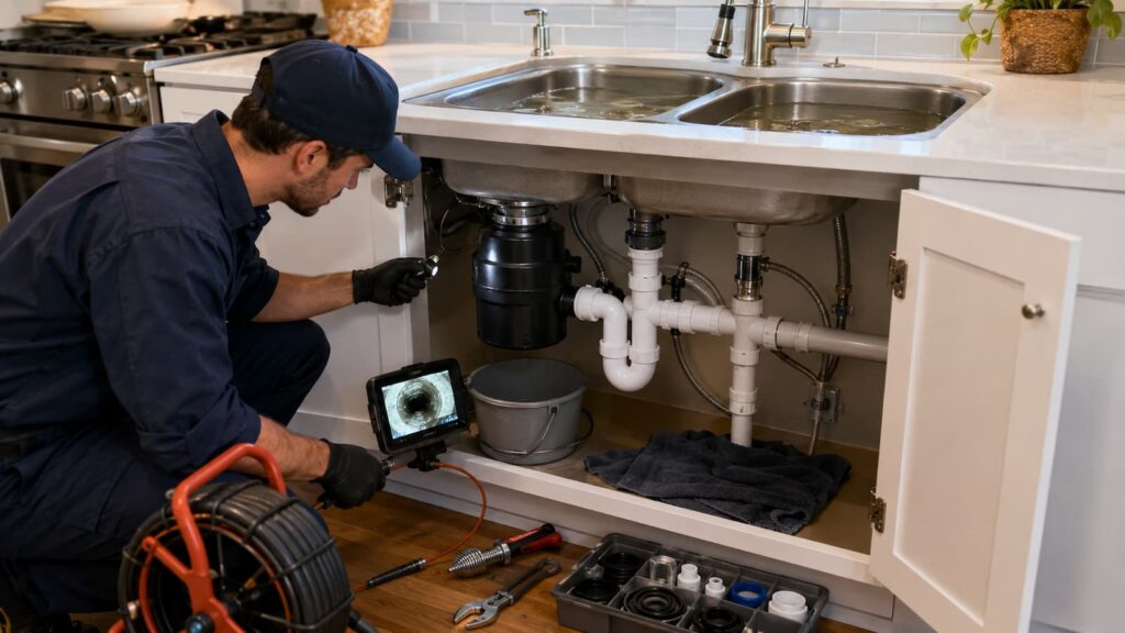 Plumber diagnosing a kitchen sink backing up on both sides